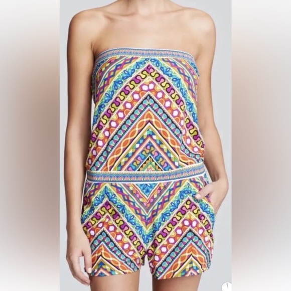 EUC Trina Turk Peruvian Romper, psychedelic, Strapless one piece swim coverup, L - Picture 1 of 11